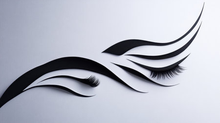 This artwork features elegant black eyelashes and flowing lines that create a captivating minimalist design, perfect for beauty and fashion themes in photography.の素材