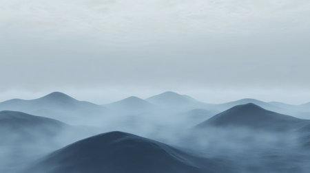 A calm and serene misty landscape showcasing soft blue waves under a cloudy sky. Ideal for nature and tranquility themes, this peaceful scene invites relaxation.の素材