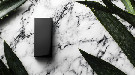 A sleek black box rests elegantly on a stunning marble surface, surrounded by lush aloe leaves, creating a serene and stylish composition perfect for modern decor and photography.の素材