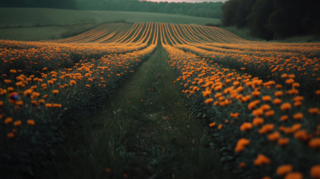A breathtaking view of a field filled with vibrant orange marigold flowers under a warm sunset, showcasing the beauty of nature in a serene rural setting.の素材