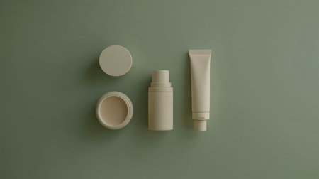 Discover a serene arrangement of minimalist skincare products on a soft green backdrop, emphasizing natural beauty and modern design for a refreshing skincare experience.の素材