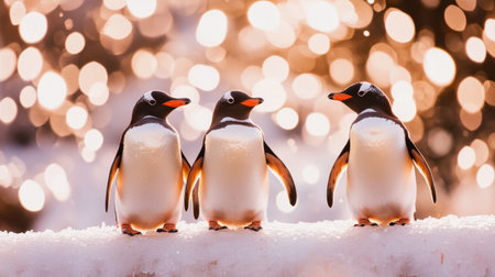 Three charming penguins interact on a snowy surface, surrounded by a stunning bokeh background of warm colors, capturing a moment of wildlife tranquility.の素材