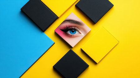 This captivating image features a striking eye art piece surrounded by colorful geometric shapes, creating a vibrant contrast on a bright yellow background.の素材