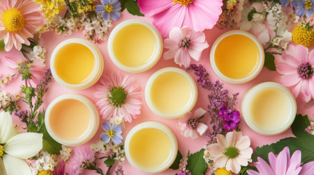 A vibrant display of natural lip balms set against a backdrop of colorful flowers, ideal for beauty product showcases and skincare marketing materials.の素材