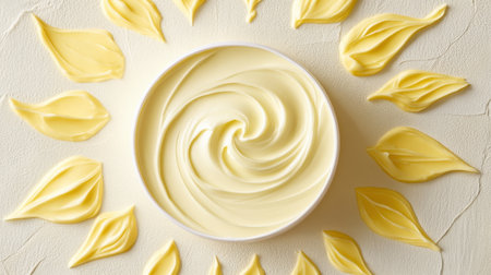 This image features a circular bowl of creamy buttercream frosting with a beautiful swirl at the center, surrounded by artistic petal designs, perfect for culinary inspirations.の素材