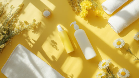 A vibrant yellow backdrop showcases skincare products, white towels, and fresh flowers, creating a serene atmosphere for wellness and self-care experiences.の素材