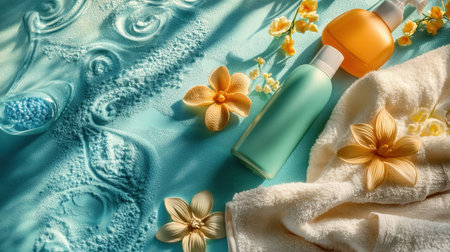 Discover a serene spa scene featuring elegant bottles of lotion, delicate flowers, and a soft towel arranged on blue sand, embodying relaxation and wellness.の素材