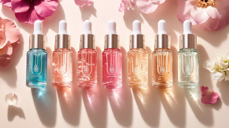 Captivating flat lay featuring colorful serum bottles artfully arranged with delicate flowers. Ideal for beauty and skincare marketing, conveying elegance and freshness.の素材