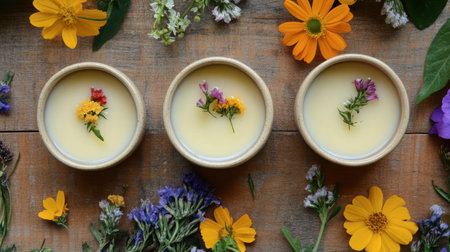Explore a stunning arrangement of natural creams in bowls, beautifully complemented by vibrant wildflowers on a rustic wooden surface, perfect for wellness and beauty themes.の素材