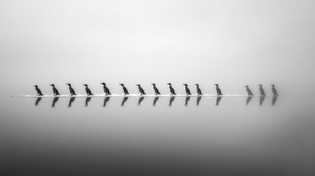 A stunning black and white photograph showcasing cormorants lined up on calm water, surrounded by a misty ambiance, evoking tranquility and minimalistic beauty.の素材