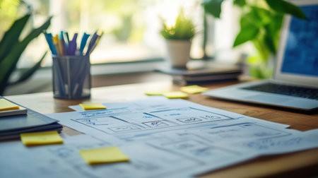 A vibrant creative workspace showcasing design sketches, colorful stationery, indoor plants, and a laptop on a wooden desk, promoting productivity and innovation.の素材