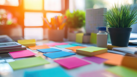 A vibrant office workspace filled with colorful sticky notes, plants, and stationery supplies, radiating creativity and productivity in a modern and inviting environment.の素材