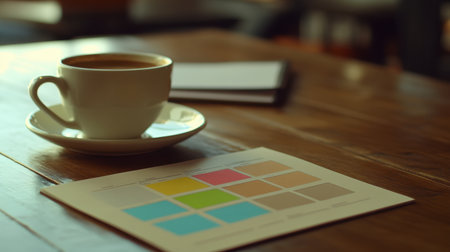 A serene coffee cup rests on a rustic wooden table, accompanied by a color palette and notebooks, creating an inspiring environment for creativity and design.の素材