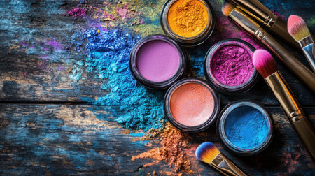 Explore the artistic arrangement of vibrant makeup powders and brushes on a rustic wooden surface, perfect for beauty and cosmetic themes and creative projects.の素材
