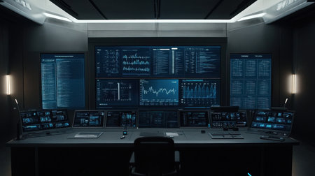 A modern control room featuring numerous screens showcasing data and graphs. The dark setting enhances the futuristic ambience, ideal for technology projects.の素材