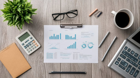 A modern office workspace featuring business charts, a calculator, a coffee cup, a green plant, and a laptop on a clean wooden table, ideal for analysis and planning.の素材