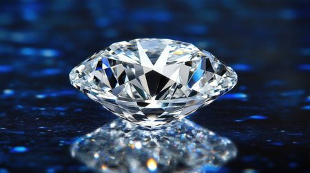 A breathtaking close-up of a clear diamond sparkling on a blue background. This image captures the beauty and luxury of gemstones, perfect for various design projects.の素材