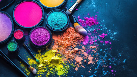 This vibrant assortment of cosmetic powders and brushes showcases a stunning array of colors, ideal for makeup artistry or creative projects. Perfect for beauty enthusiasts.の素材