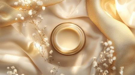 This image features an elegant cream jar nestled on soft satin fabric surrounded by delicate flowers, ideal for beauty and skincare product marketing or promotional material.の素材