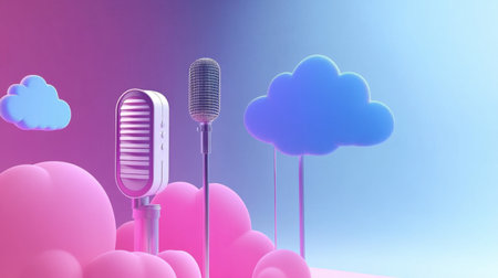 A visually striking scene featuring microphones among soft pastel clouds, symbolizing creativity in audio and music production, perfect for media projects.の素材
