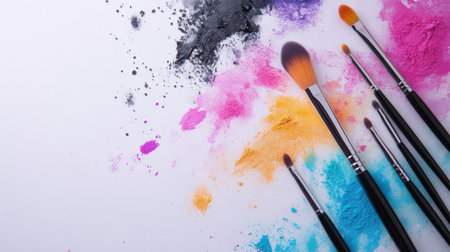 A vibrant collection of paint brushes scattered with colorful pigment dust on a clean white background, perfect for showcasing creative artistry and inspiration.の素材