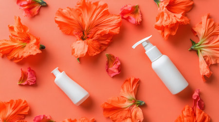 A stunning arrangement of white cosmetic bottles artistically placed among vibrant orange hibiscus petals, set against a coral background, evokes a sense of freshness and beauty.の素材