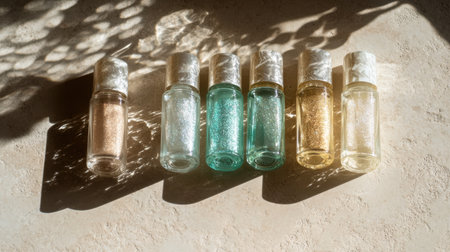 A collection of vibrant cosmetic bottles filled with shimmering glitter arranged aesthetically under natural light, enhancing the beauty of any makeup routine or lifestyle choice.の素材