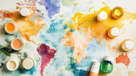 An artistic arrangement of cosmetic products and essential oils on a colorful world map symbolizing beauty and wellness across cultures, featuring vibrant hues and natural elements.の素材