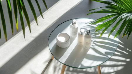 Experience a tranquil spa atmosphere with natural light, elegant glass table, and minimalist beauty products, perfect for self-care and relaxation in your space.の素材