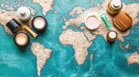 An artistic arrangement of skincare products on a vintage world map, highlighting the connection between beauty and global travels, perfect for lifestyle and wellness themes.の素材