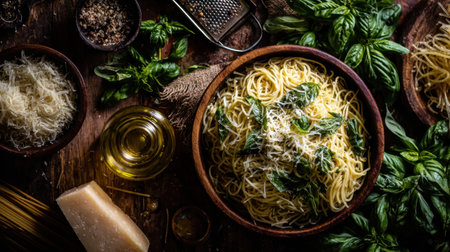 A beautifully arranged plate of fresh pasta topped with basil, drizzled with olive oil, and sprinkled with grated cheese, all set on a rustic wooden table.の素材