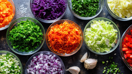 A vibrant arrangement of freshly chopped vegetables in clear glass bowls perfect for healthy cooking. Ideal for meal preparation, this colorful display inspires nutritious recipes.の素材
