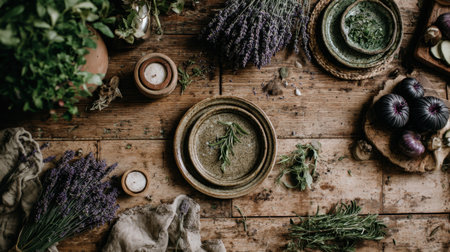 A charming rustic tabletop featuring an array of fresh herbs, dried lavender, beautiful plates, inviting candles, and seasonal vegetables arranged elegantly.の素材