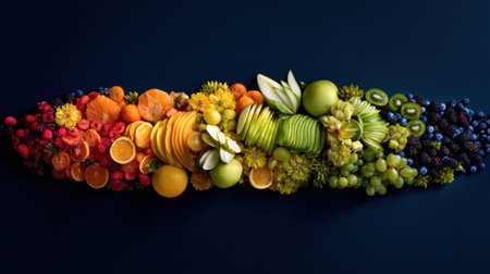 A stunning arrangement of diverse fruits and vegetables, showcasing vivid colors and textures, perfect for health, culinary art, or fresh food inspiration.の素材