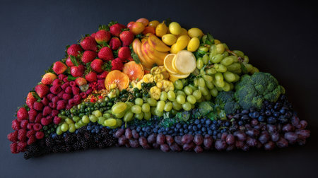 A vibrant and colorful display of fresh fruits and vegetables arranged in a rainbow pattern, emphasizing healthy eating and natural beauty on a dark backdrop.の素材