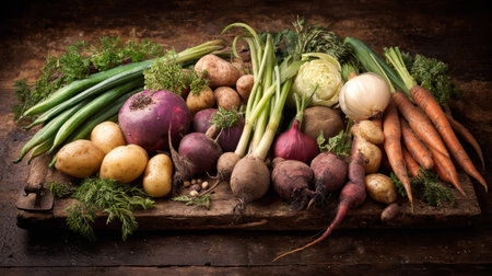 A vibrant assortment of fresh organic vegetables artfully arranged on a rustic wooden table, perfect for culinary inspiration, healthy eating promotion, and seasonal cooking.の素材