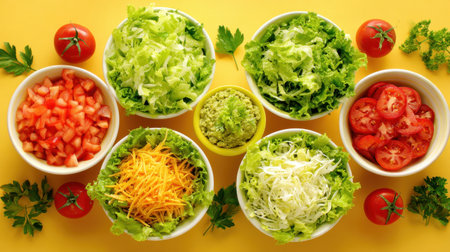 A vibrant arrangement of fresh salad ingredients in bowls, showcasing tomatoes, lettuce, and cheese, ideal for healthy meal prep or culinary inspiration.の素材