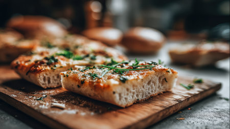 A warm loaf of freshly baked focaccia bread topped with herbs and olive oil rests on a rustic wooden board, showcasing a perfect golden crust and fluffy interior.の素材