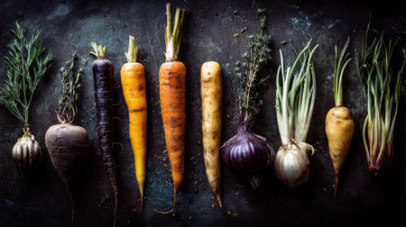 A stunning array of fresh vegetables displayed artistically on a dark background, perfect for inspiring culinary creativity and promoting healthy eating habits.の素材