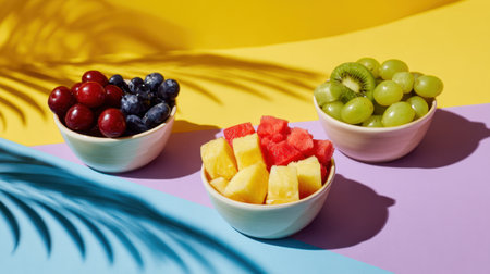 Explore a vibrant display of fresh fruit bowls containing watermelon, pineapple, grapes, and berries on a bright, colorful backdrop, perfect for enticing summer enjoyment.の素材