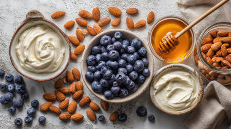 A colorful and appetizing display of fresh blueberries, creamy yogurt, golden honey, and crunchy almonds, perfect for showcasing healthy eating and vibrant food styling.の素材