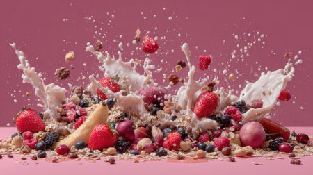 A dynamic and vibrant scene featuring a mix of fresh fruits and granola splashing with yogurt. This creative composition embodies healthy eating and delightful breakfast ideas.の素材