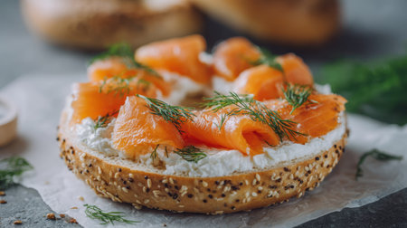 A delicious bagel topped with creamy cheese and fresh smoked salmon, garnished with dill. Perfect for a cozy breakfast or elegant brunch setting. Stylish and inviting!の素材