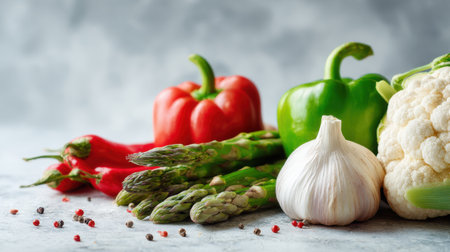A vibrant assortment of fresh vegetables, including peppers, garlic, and asparagus, arranged beautifully on a table, perfect for promoting healthy cooking and nutrition.の素材