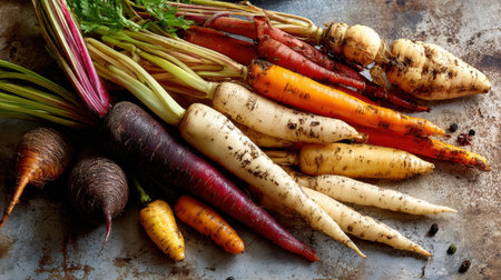 A vibrant selection of organic root vegetables showcasing a variety of colors and textures, perfect for culinary inspiration and healthy meal preparation.の素材
