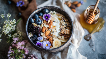 A vibrant breakfast bowl featuring creamy yogurt topped with fresh fruits, crunchy nuts, edible flowers, and a drizzle of honey, perfect for a healthy start.の素材
