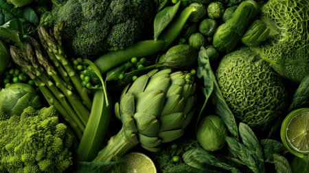 A beautiful arrangement of various green vegetables showcasing their vibrant colors and textures. Ideal for healthy eating concepts, nutrition, and culinary arts.の素材
