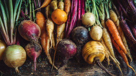 A stunning arrangement of freshly harvested root vegetables showcasing vibrant colors and earthy textures, perfect for culinary inspiration and healthy cooking ideas.の素材