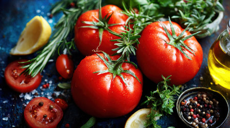 Bright red tomatoes surrounded by fresh herbs, lemon slices, and peppercorns. Perfect for food photography, cooking themes, and healthy culinary arts.の素材