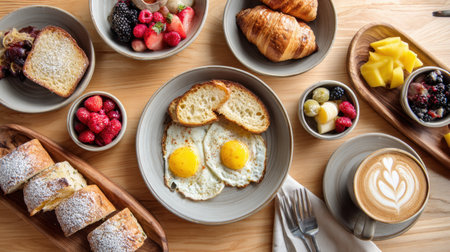Enjoy a beautifully arranged breakfast spread showcasing sunny side up eggs, fresh seasonal fruits, flaky pastries, and a latte in a cozy wooden setting.の素材